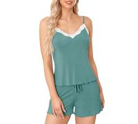 Wikoan Pigiama Donna,Set Pigiama con Canotta,con Scollo a V Pigiama Estivo Donna A-Verde Scuro,XL