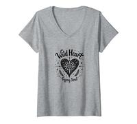 Wild Heart Gypsy Soul Bohemian Spirit Celestial Maglietta con Collo a V, Donna, Grigio Melange, M