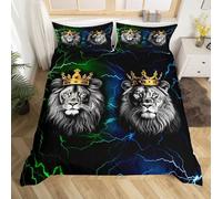 Wild Lion Coppia Copripiumino L Size 3D Tropical Animale Verde Blu Fulmine Set Set per Bambini Re e Regina Corona Dorata Nero Morbido Consolatore Copertura per Stanza, Chiusura Cerniera, Cravatte