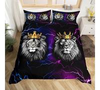 Wild Lion Coppia Copripiumino L Size Re e Regina Oro Corona Nero Copripiumino Set per Bambini, 3D Africano Animale Viola Blu Flash Morbido Consolatore Copertura per Camera