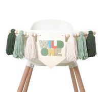Wild One - Striscione per seggiolone per il primo compleanno, striscione per seggiolone a tema safari nella giungla per baby shower, fatto a mano con nappe verdi per seggiolone per cake smash, primo
