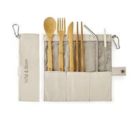 Wild & Stone | Set di 8 Picnic di bambù Biologici Riutilizzabili | Cucchiaio di bambù Forchetta, Coltello, Bacchette, Cannuccia in Acciaio Inossidabile e Borsa per Il Trasporto