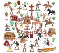 Wild West Cowboys and Indians - Set da gioco in plastica, 77 pezzi, giocattoli educativi con secchiello di indiani nativi americani, statuette e accessori per bambini dai 3 anni in su