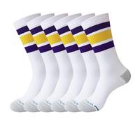 Wildarms Calzini sportivi lunghi unisex, stile retrò con strisce per basket, calcio, tennis, paddle tennis running e allenamento, 3 paia, viola, giallo, Taglia unica