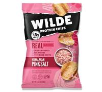 Wilde Chips Sale rosa dell'Himalaya proteico (sacchetti da 38 g, confezione da 8 sacchetti) realizzato con ingredienti reali: petto di pollo, albume d'uovo, brodo di ossa di pollo, senza zucchero