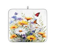 Wildflower Daisy Girasole Farfalla Tappetino assorbente per scolapiatti per bancone della cucina, tappetino scolapiatti reversibile in microfibra con anello per appendere utensili in vetro, pentole