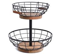 WILDMOS Cesto di frutta a 2 livelli, cestino in metallo con base in legno, contenitore per frutta e verdura con gancio per banane, cesto di frutta per organizer da cucina.