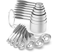 Wildone - Set di 16 misurini e cucchiai dosatori in acciaio inox con manico in silicone grigio, inclusi 8 tazze per nidificazione, 8 cucchiai, per ingredienti secchi e liquidi