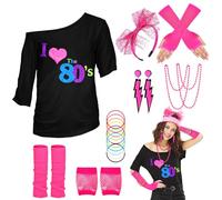 WILDPARTY Completo anni '80 e '90 da donna, t-shirt, scaldamuscoli, fascia per capelli, orecchini, collana, guanti a rete, accessori per feste a tema in costume anni '80 e '90