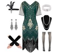 WILDPARTY Costume Anni '20 - Abito Charleston Con Paillettes e Frange, Calze a Rete, Accessori - Costume Vintage Mafia Da Donna