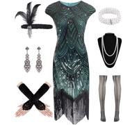 WILDPARTY Costume Anni '20, Abito Charleston Con Paillettes, Frange, Calze a Rete, Accessori Vintage, Costume Mafia Da Donna
