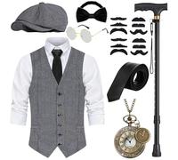 WILDPARTY Costume anni '20 da uomo gilet con accessori, stampella pieghevole, orologio da tasca, barba, berretto, occhiali, cravatta, papillon, per costume da mafia 1920S Gangster Peaky Blinders
