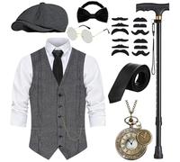 WILDPARTY Costume anni '20, gilet da uomo con accessori, pieghevole, stampella, orologio da tasca, barba, occhiali fedora, cravatta, papillon, per costume da mafia 1920S Gangster Peaky Blinders