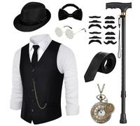 WILDPARTY Costume anni '20, gilet da uomo con accessori, pieghevole, stampella, orologio da tasca, barba, occhiali fedora, cravatta, papillon, per costume da mafia 1920S Gangster Peaky Blinders