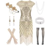 WILDPARTY Costume da donna anni '20, abito da donna Charleston, abito con paillettes, frange, calze a rete, accessori anni '20, costume vintage mafia da donna