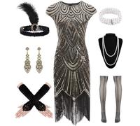 WILDPARTY Costume da donna anni '20, abito da donna Charleston, abito con paillettes, frange, calze a rete, accessori anni '20, costume vintage mafia da donna, WOMEN20S-BLACKGOLD-S, Oro Nero