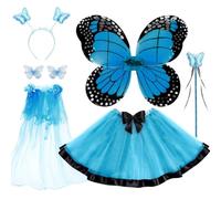 WILDPARTY Costume da fata con ali di farfalla, tutù, fermagli per capelli a farfalla, bacchetta magica, fascia per capelli e velo, per bambini dai 3 agli 8 anni