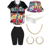 WILDPARTY Costume hip hop anni '80 anni '90 vestito da donna camicia da baseball pantaloni da yoga cappello a secchiello catena dorata accessori rapper anni '90 e '80 vestiti neon retrò modello per