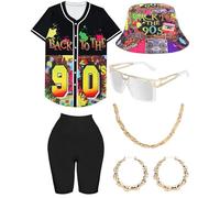 WILDPARTY Costume hip hop anni '80 anni '90 vestito da donna camicia da baseball pantaloni da yoga cappello a secchiello catena dorata accessori rapper anni '90 e '80 vestiti neon retrò modello per