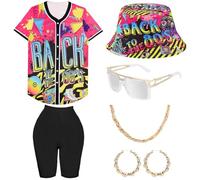 WILDPARTY Costume hip hop anni '80 anni '90 vestito da donna camicia da baseball pantaloni da yoga cappello a secchiello catena dorata accessori rapper anni '90 e '80 vestiti neon retrò modello per