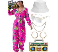 WILDPARTY Tuta da donna anni '80 anni '90, tuta con cappuccio, tuta da jogging con ghettoblaster gonfiabile, cappello, collana, orecchini, carnevale, feste a tema, Rosa-B., XL