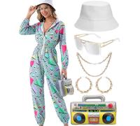 WILDPARTY Tuta da donna anni '80 anni '90, tuta con cappuccio, tuta da jogging con ghettoblaster gonfiabile, cappello, collana, orecchini, carnevale, feste a tema