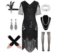 WILDPARTY Vestiti anni 20 Costume da donna anni '20, abito da donna Charleston, abito con paillettes, frange, calze a rete, accessori anni 20, costume vintage mafia da donna