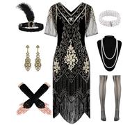 WILDPARTY Vestiti anni 20 Costume da donna anni '20, abito da donna Charleston, abito con paillettes, frange, calze a rete, accessori anni 20, costume vintage mafia da donna