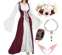 WILDPARTY Vestito Medievale Donna, Rinascimento Abito, Collana, Orecchie Elfo, Cintura in Pelle, Maniche Tromba, Halloween Cosplay, Carnevale, Costume Lungo Retrò