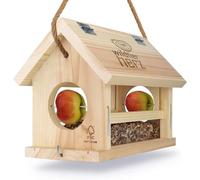 Wildtier Herz | Mangiatoia Uccellini da Esterno da Appendere - Con Vaschetta per Semi, 2 Porta Mele e Porta Canederli - Idrorepellente e Resistente - Realizzata in Legno Massello - 23x30x20 cm