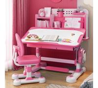 Wilitto Set di scrivania e sedia per bambini, set di scrivania e sedia per bambini, con cassetto ribaltabile, ganci per zaino da scuola e supporto per libri, portapenne, rosa