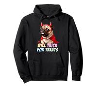 Will Trick for Treats., Divertente Pug Dog Halloween Devil Costum Felpa con Cappuccio