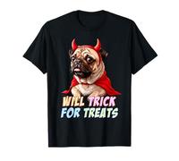 Will Trick for Treats., Divertente Pug Dog Halloween Devil Costum Maglietta