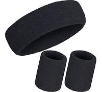 WILLBOND 3 Pezzi Fascia Set, Include Sport Fascia per Capelli e Polsino di Sport Cotone a Strisce Bande di Sudore per Atletica Uomini e Donne (Nero)