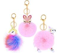 WILLBOND 3 Pezzi Portachiavi con Pom Pom di Animale Portachiavi Carino Soffice per Accessori di Borsa da Donna (Stile Volpe Rosa Alpaca Unicorno)