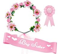 WILLBOND 3 Pezzi Set di Accessori di Big Sister, Include Rosa Sash di Big Sister in Raso, Badge Pin e Corona di Fiori per Baby Shower Big Sister Festa