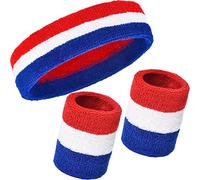 WILLBOND 3 pezzi Set di fasce per capelli, include fascia sportiva e felpe da polso in cotone a righe per uomini e donne atletici (rosso, bianco e blu)