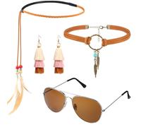 WILLBOND Set Costume Hippie Bohemia per Donne Include Occhiali da Sole Collana in Camoscio con Unicorno Orecchini con Nappine Cerchietto con Piume Accessori Festa Anni '60 '70 Carnevale
