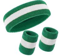 WILLBOND Set di 3 fasce per il sudore, include fascia sportiva e polsini per il sudore in cotone a righe per uomini e donne atletici (verde e bianco, stile a righe)