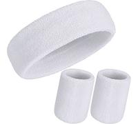 WILLBOND Set di 3 fasce tergisudore, include fascia sportiva e polsiere in cotone a righe, fascia per il sudore per uomini e donne atletici (bianco)