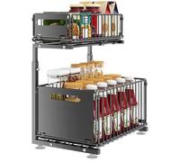 Willonin Scaffale a due livelli sotto il lavello Organizzatore metallico per mobile basso scaffale per mobile sotto lavello della cucina, mobile da bagno, organizer da cucina, altezza regolabile, nero
