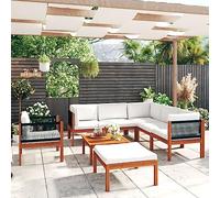 Willood Set Divani da Giardino 8 pz con Cuscini Crema Massello Acacia (3x angolo + 2x centrale + poltrona + poggiapiedi + tavolo)