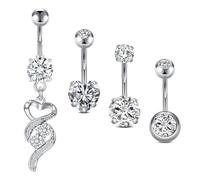 WillTen 14G Piercing Ombelico Acciaio Chirurgico, 4PCS 10mm Piercing Ombelico Set con Dangly/Cuore/Forma Rotonda, Gioielli Ombelico Bar per le Donne Ragazze, Argento