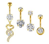 WillTen 14G Piercing Ombelico Acciaio Chirurgico, 4PCS 10mm Piercing Ombelico Set con Dangly/Cuore/Forma Rotonda, Gioielli Ombelico Bar per le Donne Ragazze, Oro