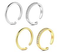 WillTen 2-4 pz Oro Argento Punta Anello In Acciaio Inox Regolabile Bend Aperto Punta Anello, Foglia Fiore Freccia Pianura Sottile CZ Punta Punta Dita Anello Estate Piede Spiaggia Piede Gioielli Set