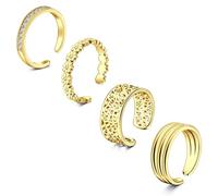 WillTen 2-4 pz Oro Argento Punta Anello In Acciaio Inox Regolabile Bend Aperto Punta Anello, Foglia Fiore Freccia Pianura Sottile CZ Punta Punta Dita Anello Estate Piede Spiaggia Piede Gioielli Set