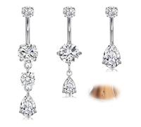 WillTen 3 piercing per ombelico in acciaio chirurgico, 14 g, 10 mm, piercing per ombelico, per donne, trasparente CZ Teardrop a forma di cuore, con bottone a forma di cuore, Acciaio inossidabile