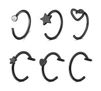 WillTen 8 anelli da naso finti in argento e oro, 18 G 20 G, in acciaio inox a forma di C, piccoli piercing per naso sottili con stella e cuore CZ, clip on finto naso narice labbro cerchio per donne 8