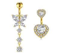 WillTen Belly Button Bar with Butterfly Dangle Diamond CZ 14G Stainless Steel 6MM Short Belly Bars Women Gold Navel Piercing Jewellery