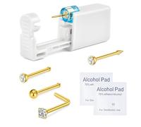 WillTen Kit per piercing al naso con perno per naso in argento e oro, 1 pistola per piercing al naso, kit usa e getta per piercing al naso con anelli dritti a forma di L con zirconia cubica bianca,